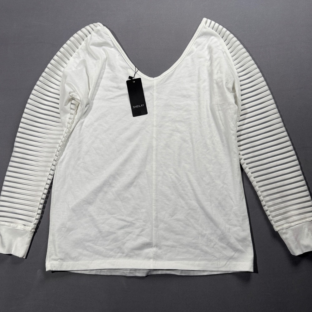 SHEILAY Ribbed‎ Sleeve Top V-Neck Long Sleeve Casual White Top Small